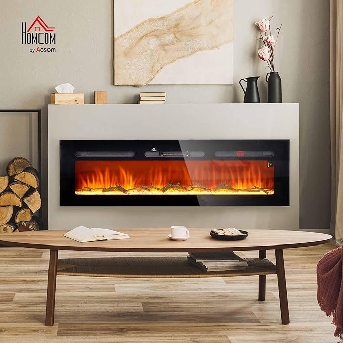 HOMCOM 60" Electric Fireplace Recessed and Wall Mounted with Remote Control, 1500W Fireplace Heater with 8H Timer, Adjustable Flame Color and Brightness, Log and Crystal