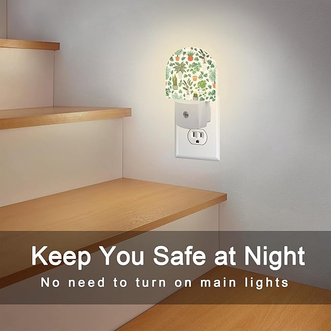 Green Potted Plants Night Light, Home Botanical Floral Leaves Dusk to Dawn Night Light Plug in,0.5w Energy Saving Sleep Friendly Nightlights for Kids Boys Girls Home