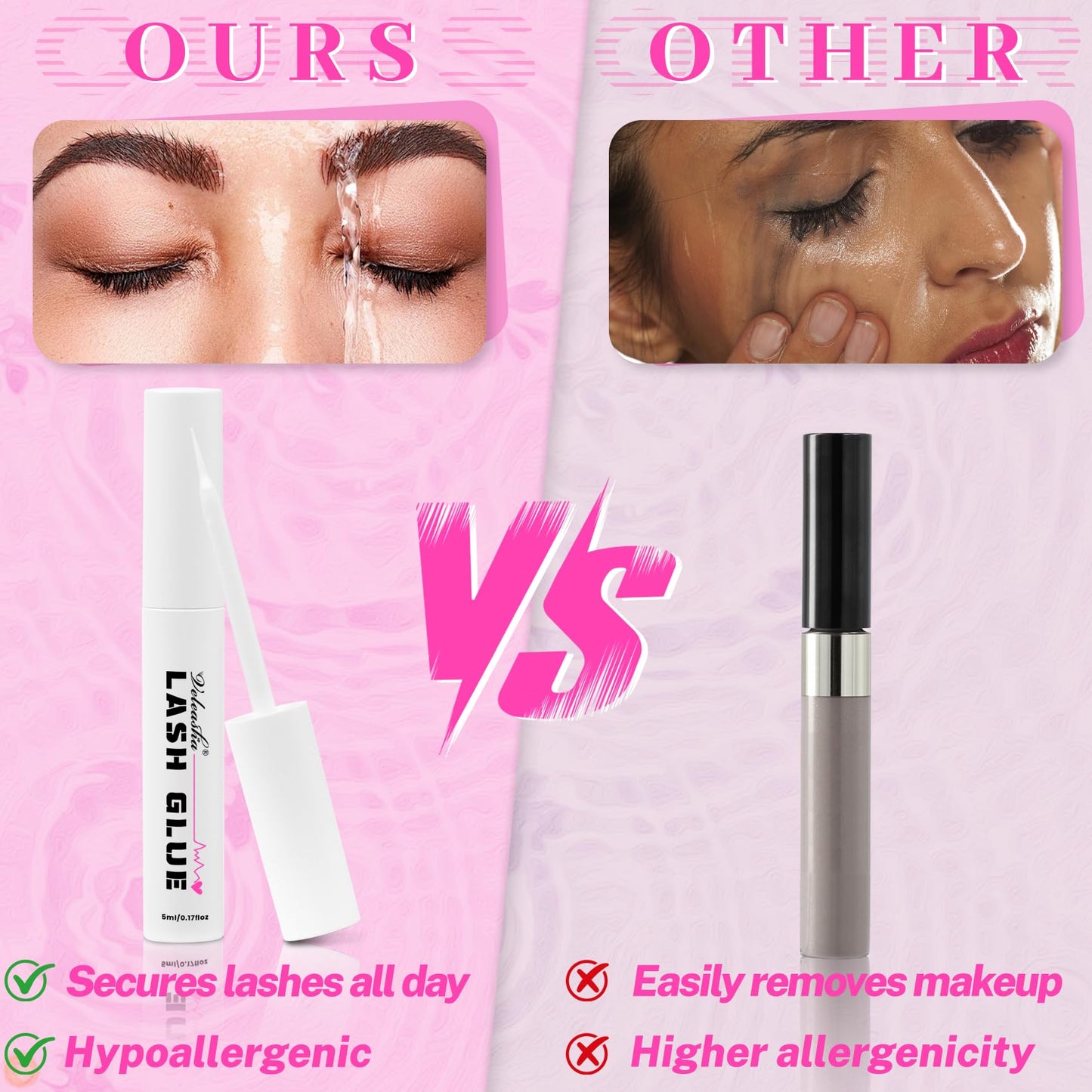 Veleasha Lash Glue Waterproof Clean Lashes Adhesive Super Hold Eyelash Glue with Brush Non-Irritating Long Lasting Lash Bond for