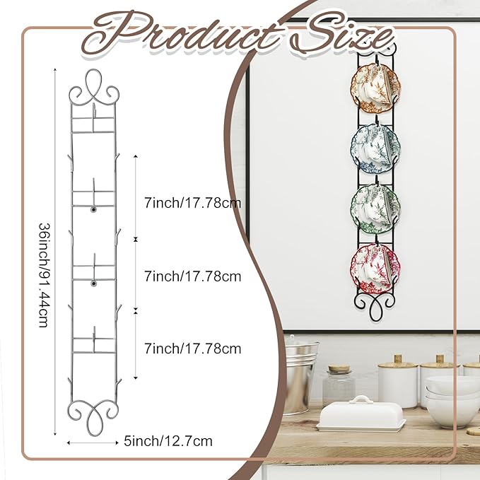 Blulu 1 Pcs 36'' x 5'' Tea Cup and Saucer Display Stand 4 Tiers Vertical Wall Mounted Cups Plate Holder Wall Plate Hangers Decorative Brackets for China Coffee Mug Gifts Thanksgiving Christmas (White)