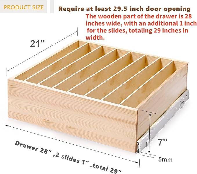 Pull Out Cabinet Organizer with Divider, 29''W×21''D×7''H Soft Close Wood Drawer for Kitchen Pantry, Finished, Heavy-Duty, Bottom Assembly (Wood Drawer Part Width is 28'')