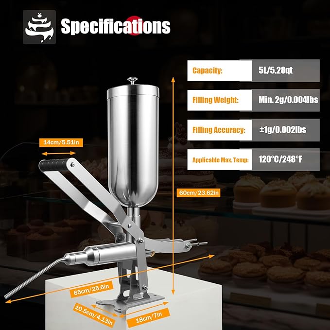 Commercial Donut Filler Machine, 5L Manual Donut Jelly Filler Injector with 1 Long Nozzle & 3 Short Nozzles, Stainless Steel Jelly Cream Filling Machine for Bakerie Restaurant Cafe