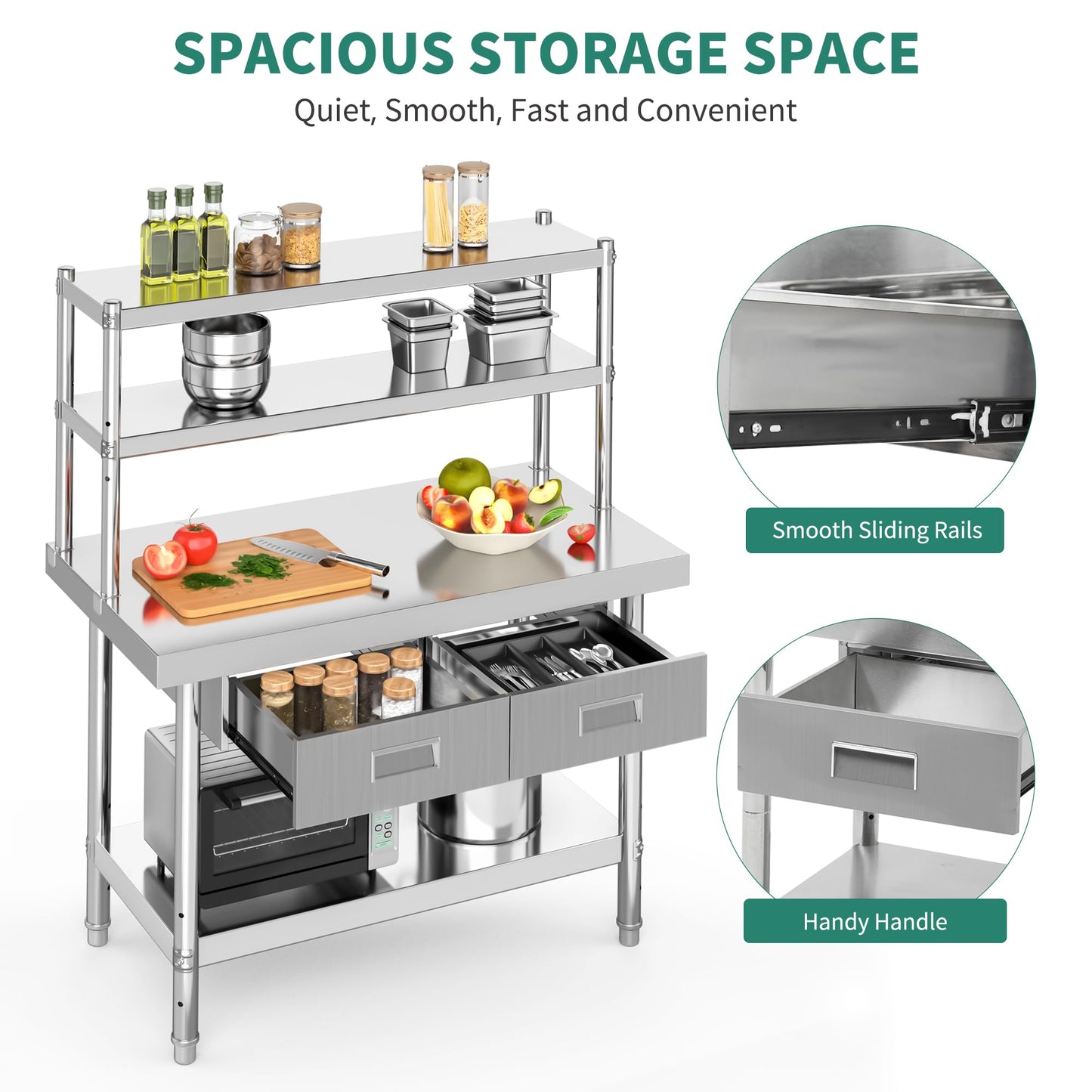 YITAHOME 48" × 24" Stainless Steel Table with Overshelves and 2 Drawers, NSF Worktable with 48" X 12" Shelf & 2 Drawers, Metal Prep Workstation for Home Kitchen Restaurant Garage Warehouse