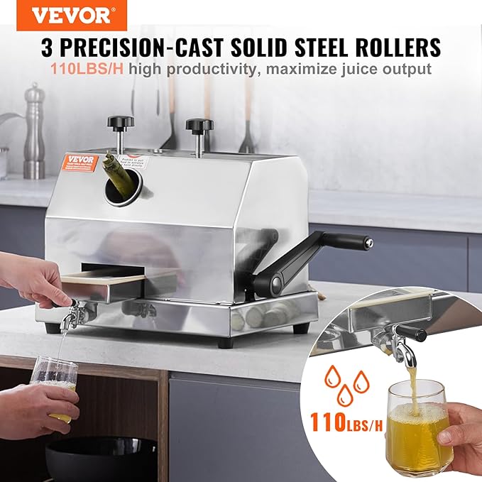 VEVOR Commercial Sugar Cane Juicer, 110LBS/H High Output Sugarcane Juicer Machine with 3 Stainless Steel Rollers, 2.4" Large Inlet, Manual Sugarcane Juice Extractor Squeezer for Home/Commercial Use
