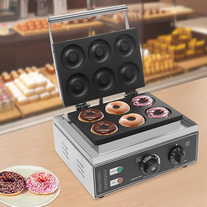 Commercial Waffle Donut Machine, 110V 1550W Electric Donut Maker w/Non-stick Surface, Temperature 122-572℉, 6 Holes Double-Sided Heating Doughnut Waffle Maker for Home Bakery Mall (6 Donut Holes)