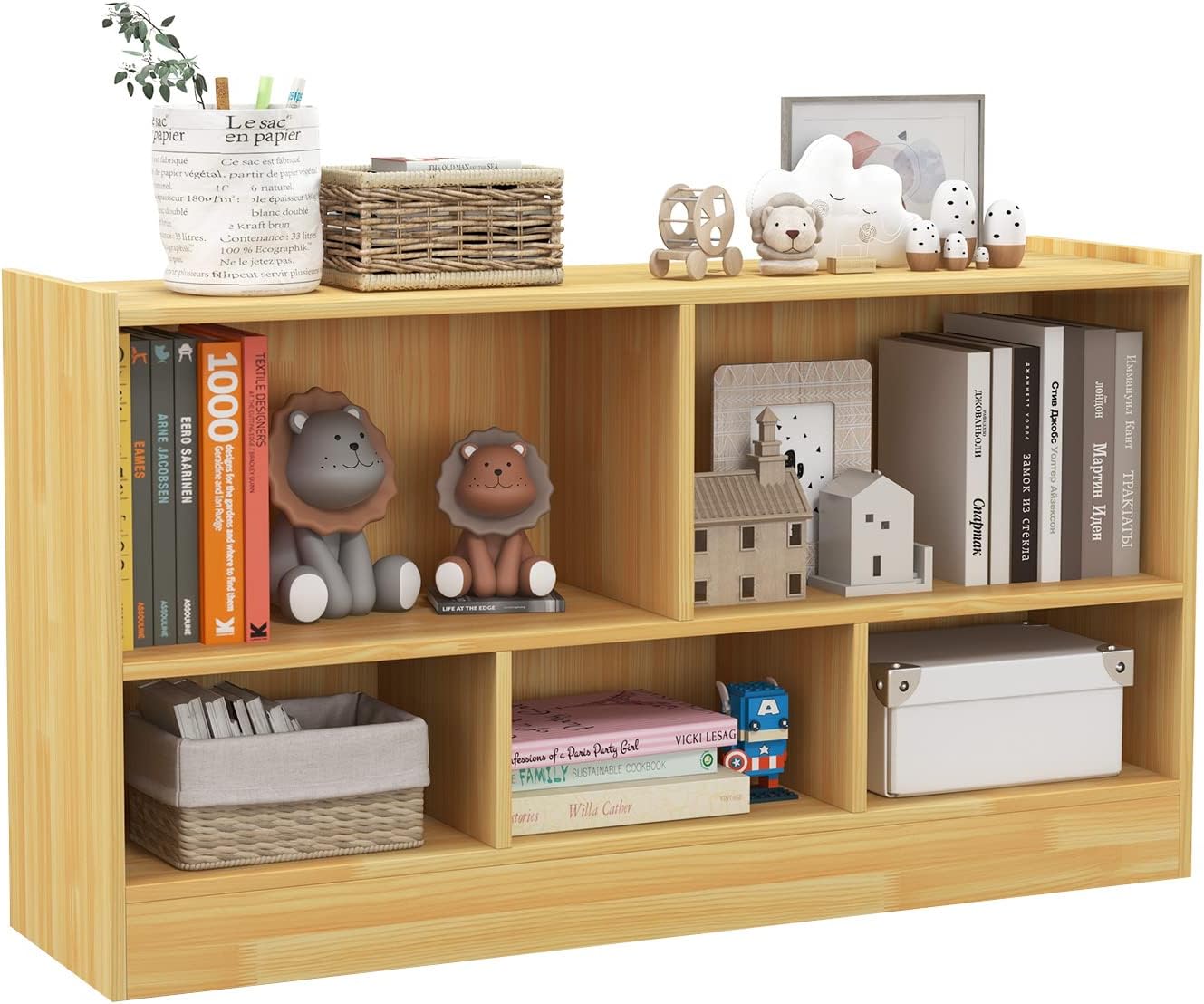 Toy Storage Organizer, 2-Tier Kids Bookshelf, 5 Cube Kids' Bookcases, Cabinets & Shelves, Wooden Toy Organizers, Small Book Shelf for Bedroom, Playroom, Classroom, Nursery (Burlywood)