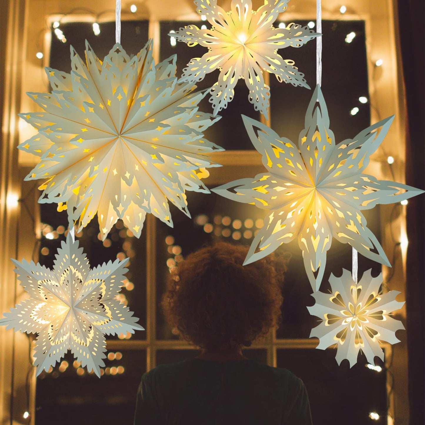 5 Pack Christmas Paper Snowflake Lanterns  Christmas Paper Star Lantern With Led Light White Hanging Lamp Ornaments For Xmas Tree New Year Winter Frozen Weddings Birthday Holiday Party Decorations