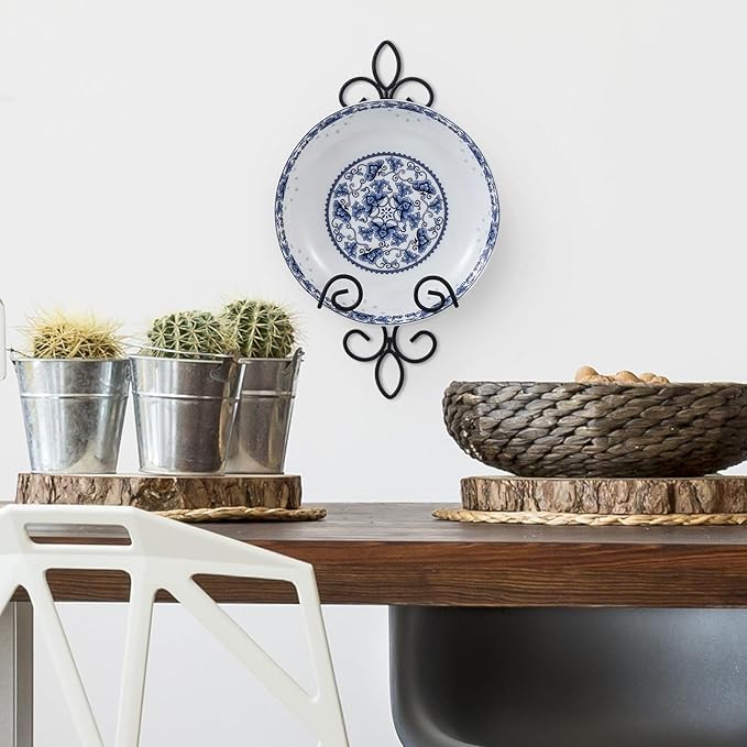 MyGift Small Wall Mounted Metal Wire Vertical Collectible Plate Holder in Matte Black Finish, Decorative Vintage Scrollwork Hanging Rack Holds Single 5.5 to 8 Inch Plates
