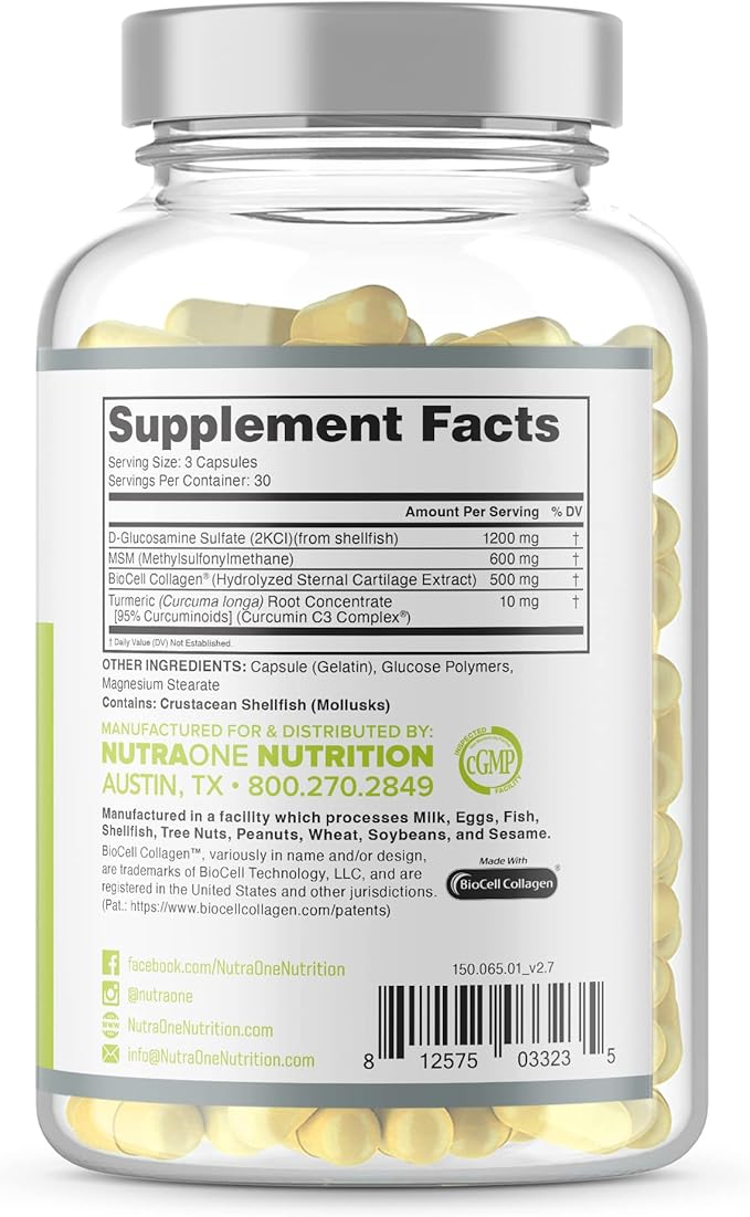 JointOne Joint Support by NutraOne - Joint Supplement for Women and Men to Help Maintain Joint Health with Collagen, Glucosamine, and Turmeric* (90 Capsules)