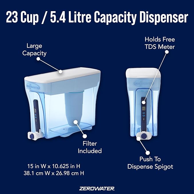 Culligan ZeroWater 23-Cup Ready-Pour 5-Stage Water Filter Dispenser with 5-Stage 0 TDS Water Filter – IAPMO Certified to Reduce Lead, Chromium, and PFOA/PFOS