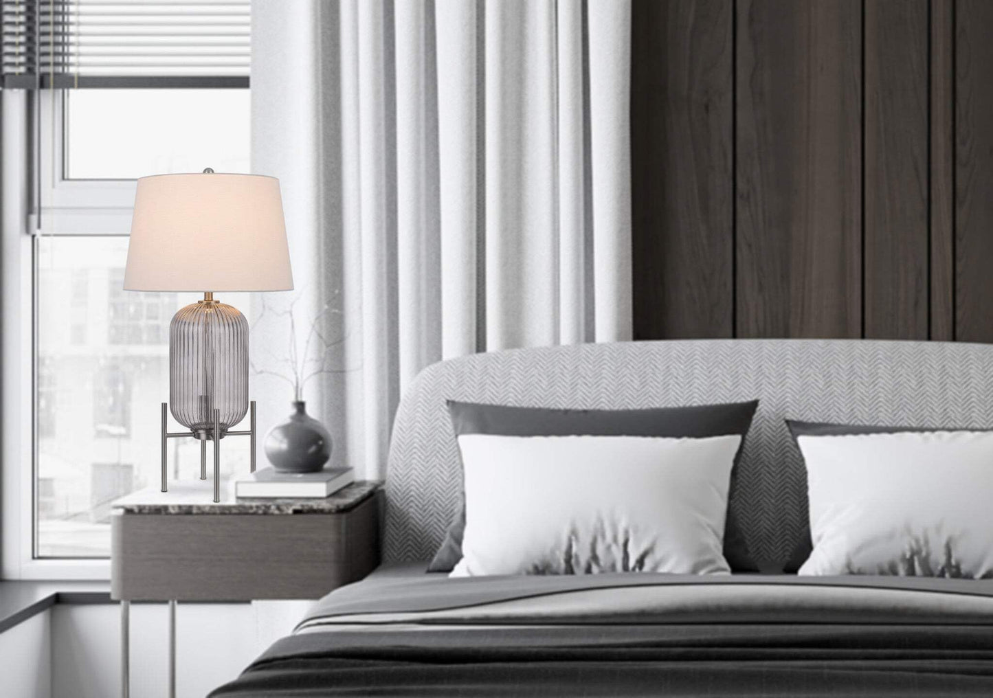 Homeroots 33 In. Nickel Glass Table Lamp With White Empire Shade, Model 524738