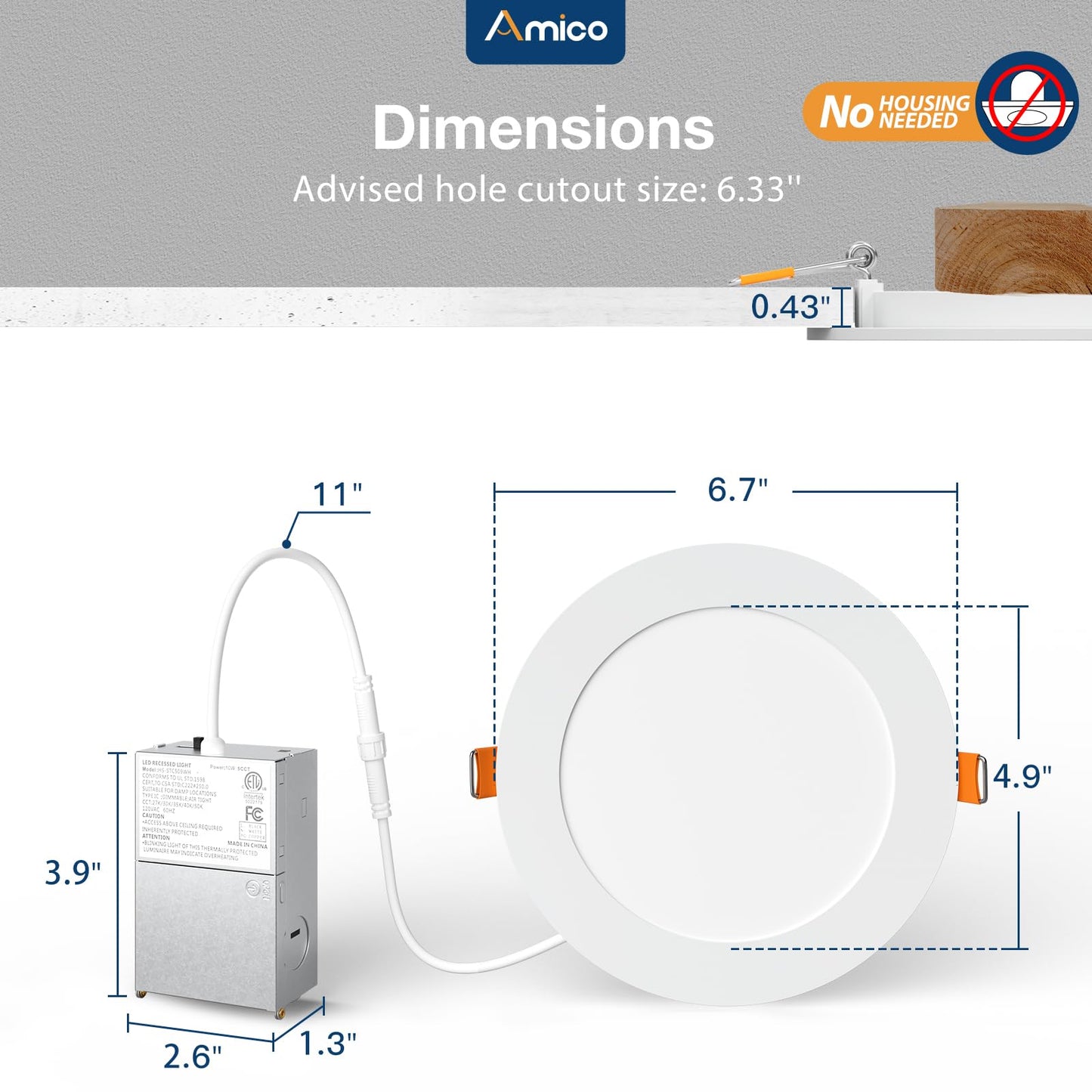 Amico 4 Pack 6 Inch 5CCT Ultra-Thin LED Recessed Ceiling Light with Junction Box, 2700K/3000K/3500K/4000K/5000K Selectable, 1050 Lumens, Dimmable Canless Wafer Downlight, 12W Eqv 110W-ETL&FCC