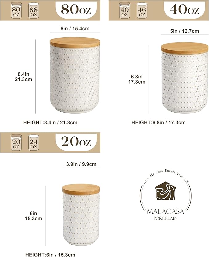 MALACASA Ceramic Canisters Set with Airtight Lids, 80/40/20 oz Coffee Canisters Sets for the Kitchen, Large Jars for Flour, Sugar, Pasta, Coffee, Cookies, Tea - Set of 3, Hexagon