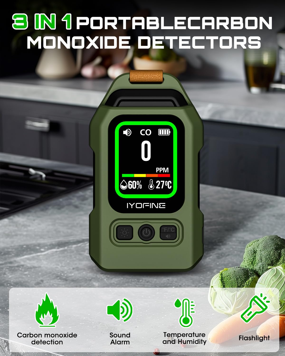 Portable Carbon Monoxide Detector for Travel, 300H Standby, CO Detector with Magnetic Back, Rechargeable 3-in-1 CO Monitor with Audible & Visual Alarm for Camping, Hotel, Car & RV (Green)