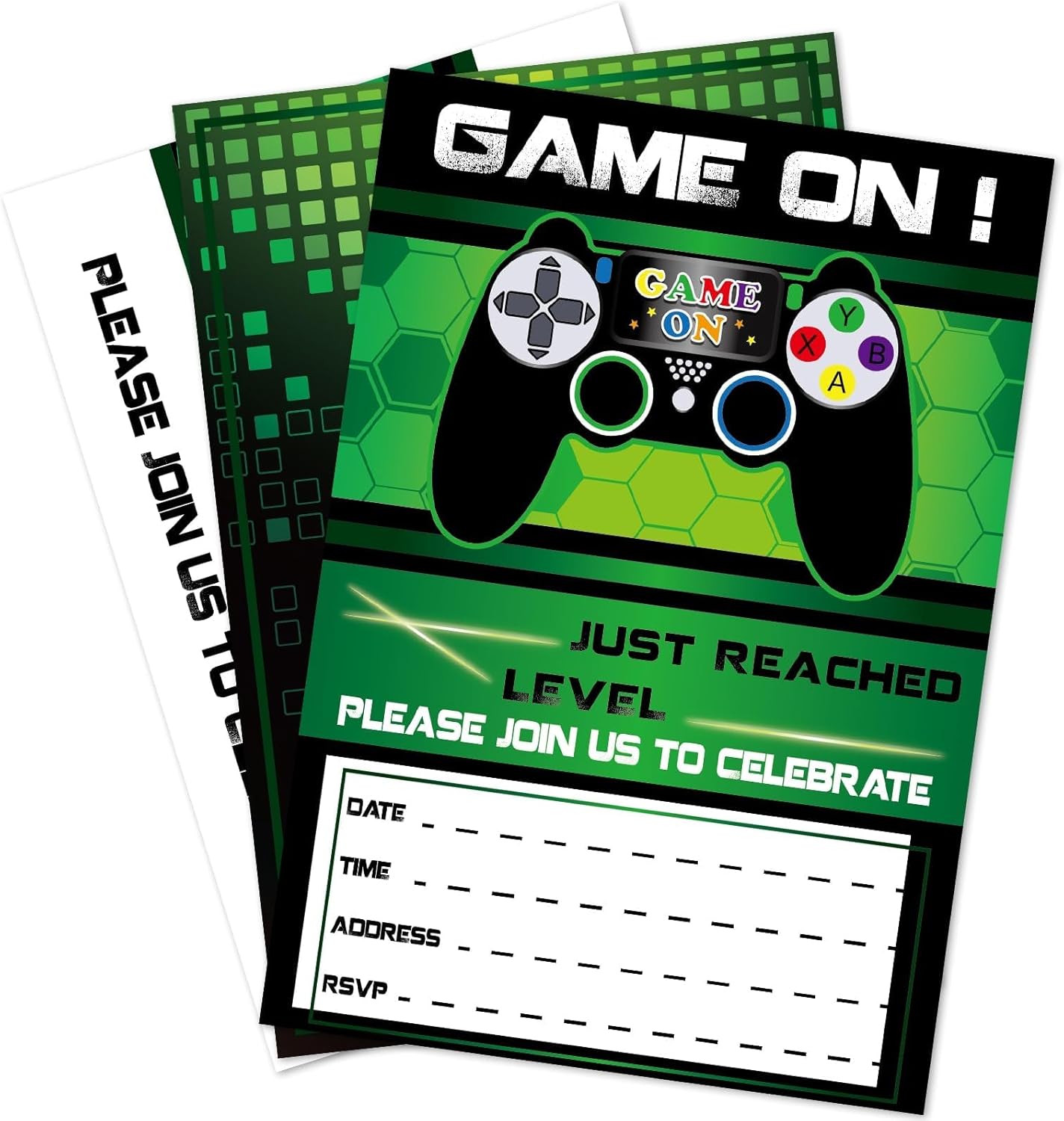 WERNNSAI 20 Set Video Game Birthday Party Invitation with Envelopes-Green Game Party Invites for Boys Gaming Theme Party Supplies Double-Sided Printed Invitation Cards for Baby Shower Celebration