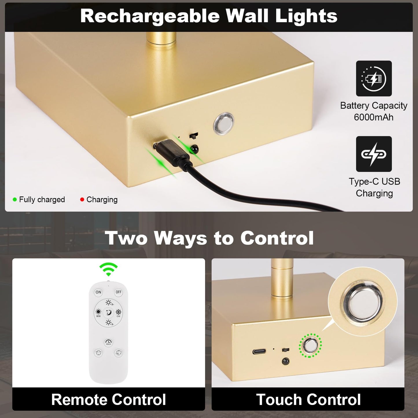 JZEKVN Battery Operated Wall Sconce Set of Two, Dimmable 3000K-6000K, 39.4in Gold Metal, Wireless with Remote Control, Model