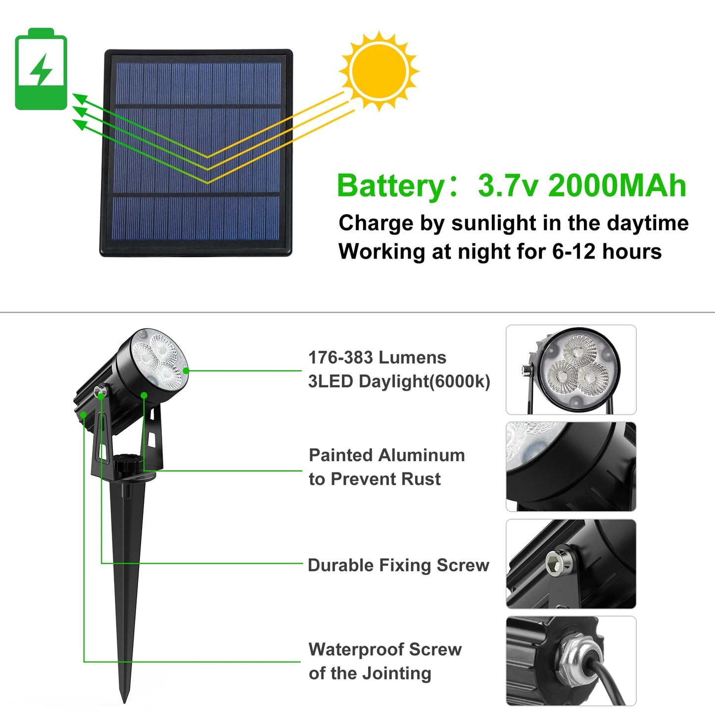 CREPOW Solar Spot Lights Outdoor, 3-in-1 Garden Spotlights IP65 Waterproof 9.8ft Cable, 5W 4000mAh Separated Solar Panel, Auto On/Off for Tree Patio Yard Driveway Pathway Pool(Cold White 6000K)