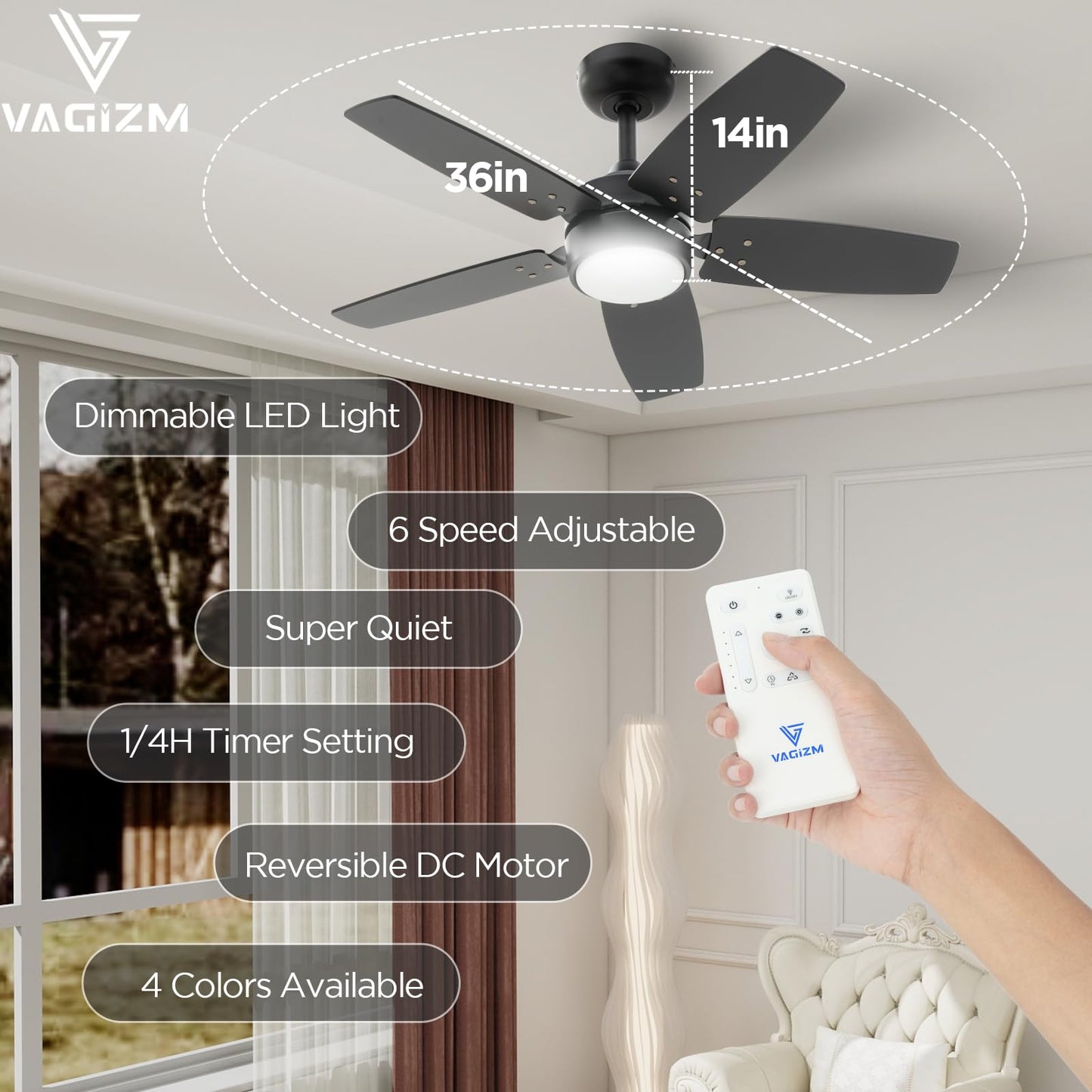 Vagizm Ceiling Fan 36 For Small Room: Matte Black Modern Fans With Light Remote Control - Reversible Quiet Dc Motor Dimmable W