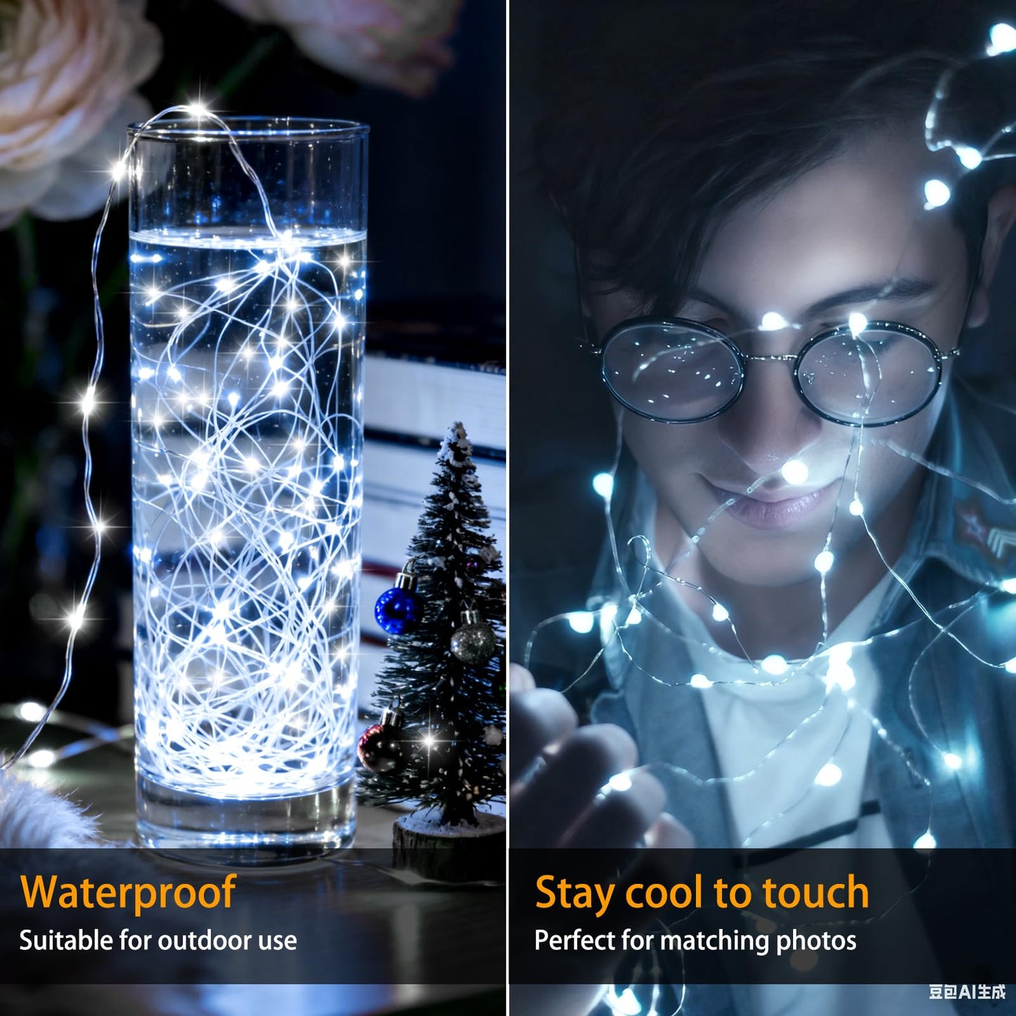 Vookry 30 Led Fairy String Lights - 10Ft Mini Silver Wire, Cool White, Battery Operated, 8 Pack For Crafts & Party Decor