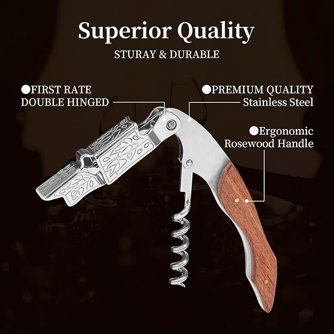Wine Opener, Wine key, Corkscrew, Wine Bottle Opener w/Foil Cutter and Cap Remover for Servers, Bartenders, Waiters, Sommelier, Wine lover (Grape leaf patterned rosewood, Standard)