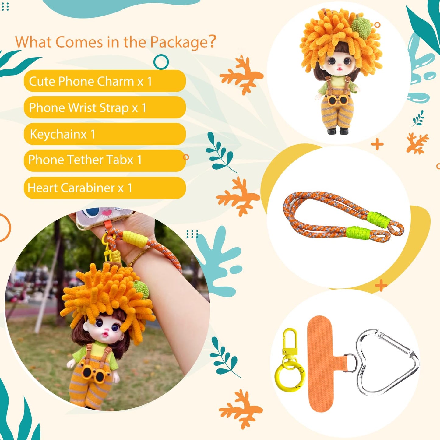 Cute Phone Charm &Hand Wrist Strap Lanyard With Tether Tab,Keychain Phone Lanyard With Pineapple Element Vinyl Baby Doll Pendant