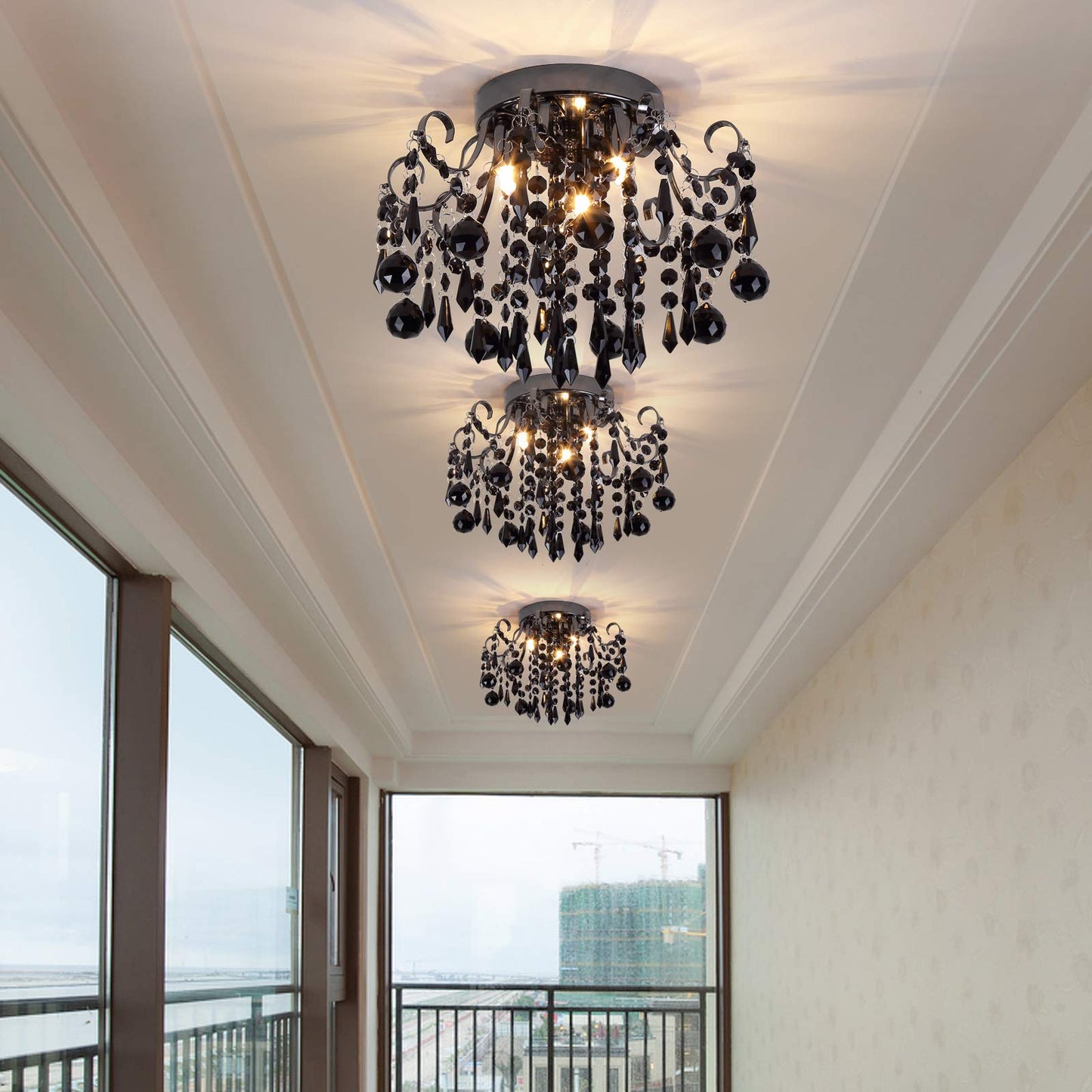 Q&S Crystal Ceiling Light Fixture, 3-Lights Chandelier, Metal, Black, Model P2001-3BK, Flush Mount for Bedroom, Hallway, Stairs