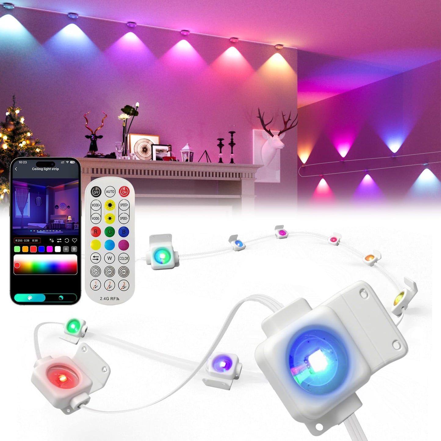 Super RGB Smart Outdoor Lights, 33FT 20LED Color Changing, APP & Remote Control, White, Model JG-001W-10