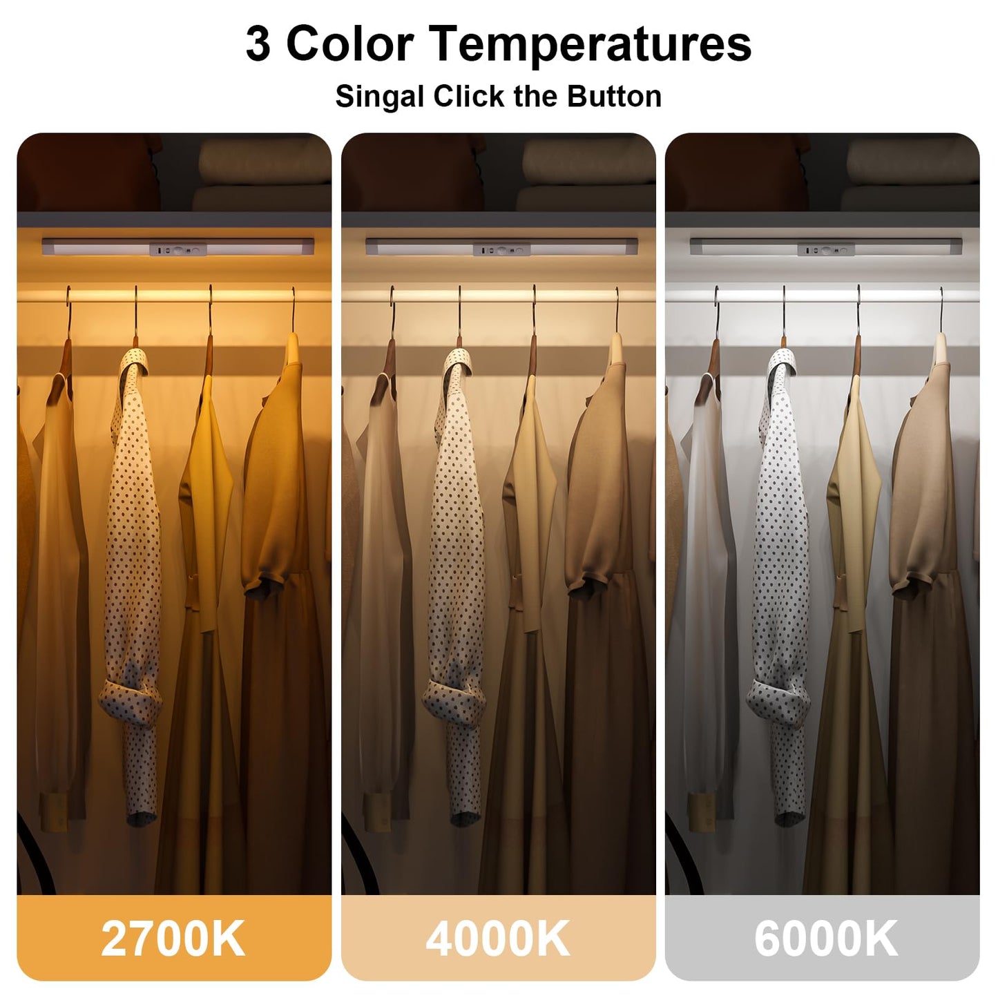 Wobane Led Closet Lights Motion Sensor With Eye-Protection Rechargeable Wardrobe Lighting With 3 Color Dimmable Battery Operated Light Indoor For Bed Shelf Drawers   Safe 900Mah 1Pcs
