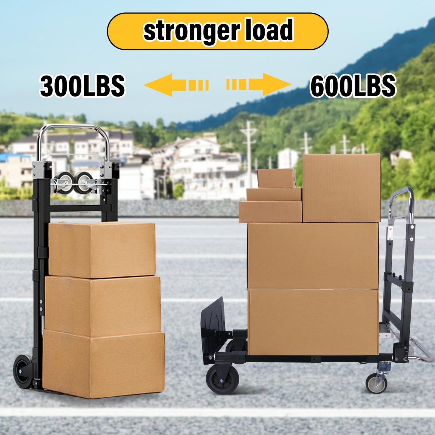 Upgraded 3 in 1 Folding Hand Truck, 600lbs Capacity, Heavy Duty Convertible Dolly with Retractable Handle and 4 Rubber Wheels, Collapsible Cart for Moving Home, Office, Warehouse (Black)