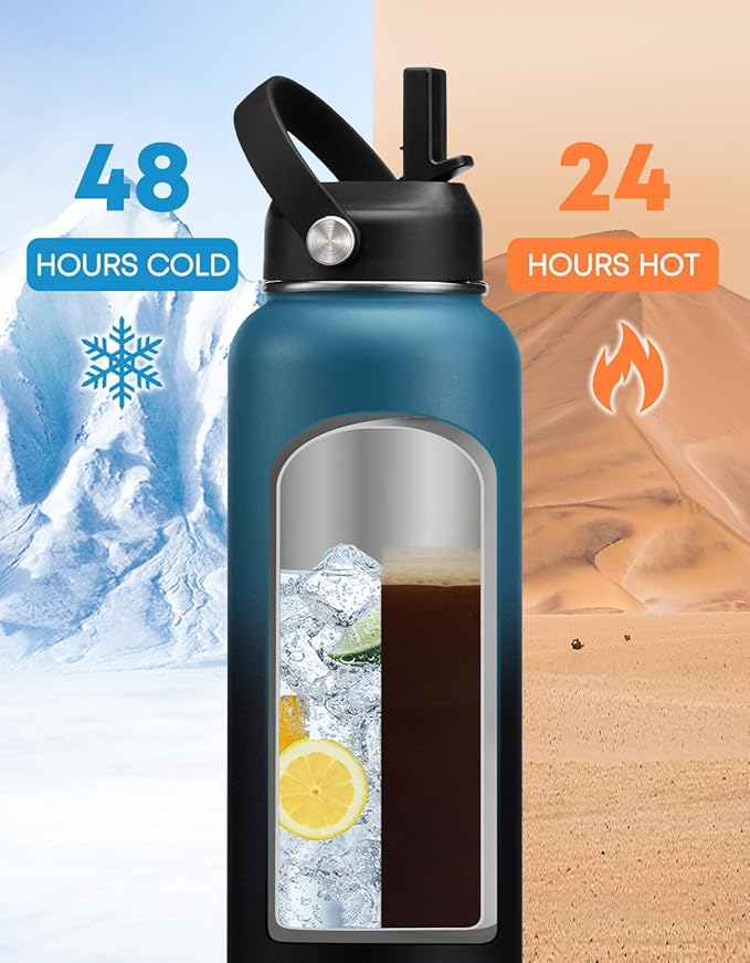 40 OZ Stainless Steel Water Bottle - with Straw, Leak Proof & BPA-Free, 40oz Insulated Water Bottles Thermal Flask Jug with Paracord Handle & Straw Spout Lids, Cold for 48 Hrs