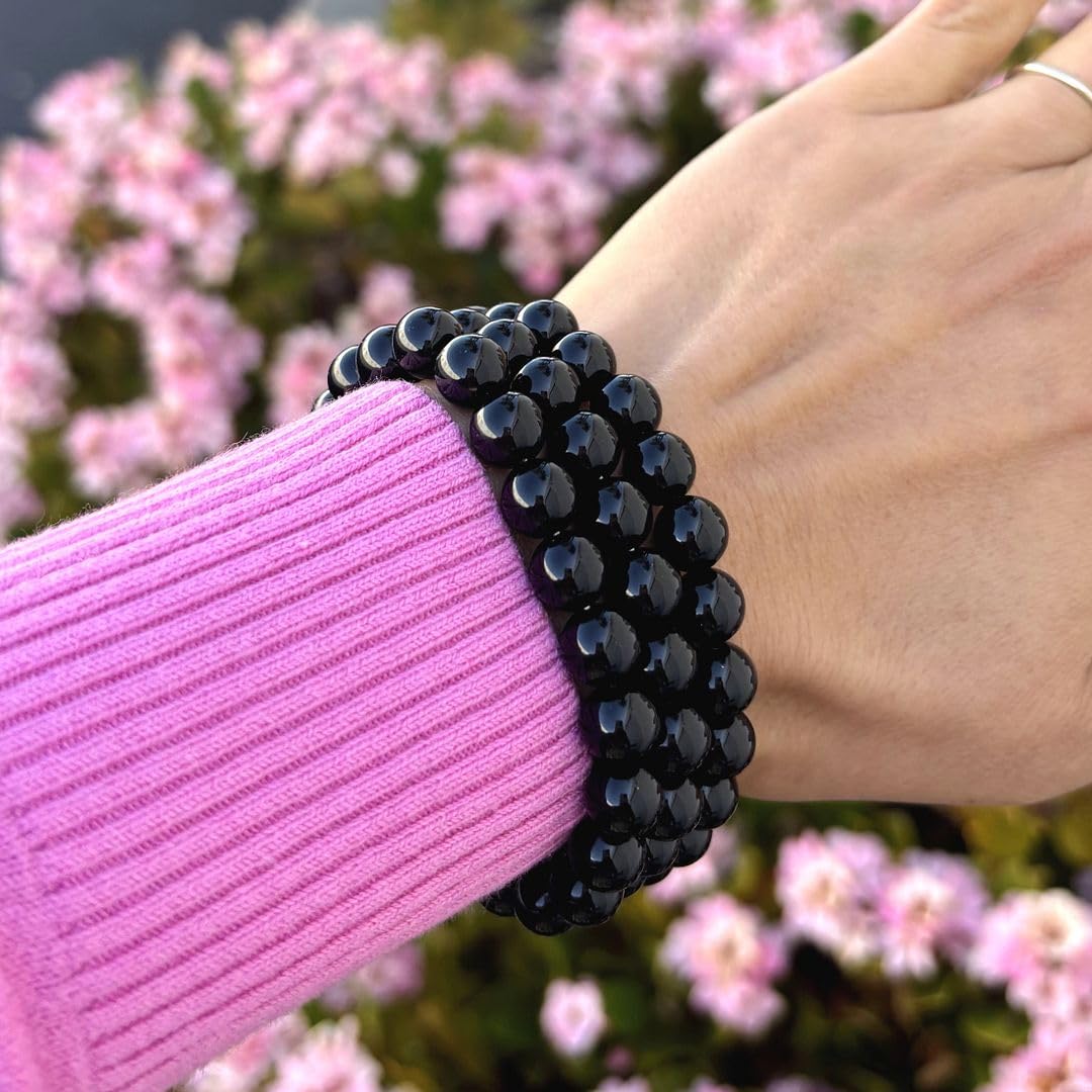 Adabele Real Natural Black Agate Gemstone Beaded Bracelet 7.5 inch Stretch Chakra Healing Crystal Stone Jewelry Women Mom Gift (