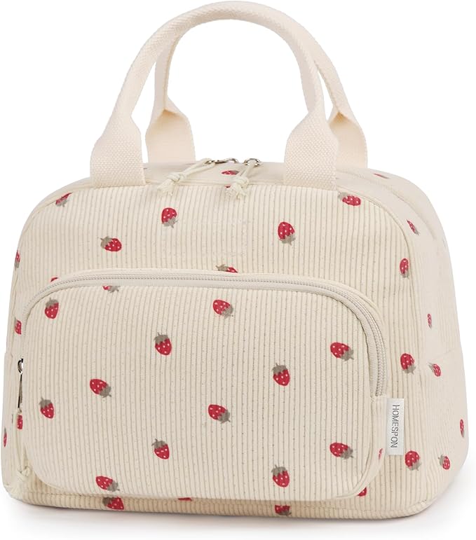 HOMESPON Lunch Bag for Women Men Adults with Front Pocket Cute Corduroy Insulated Lunch Tote Large Capacity Lunch Box Cooler Container for Work Picnic or Travel (Strawberry Beige)