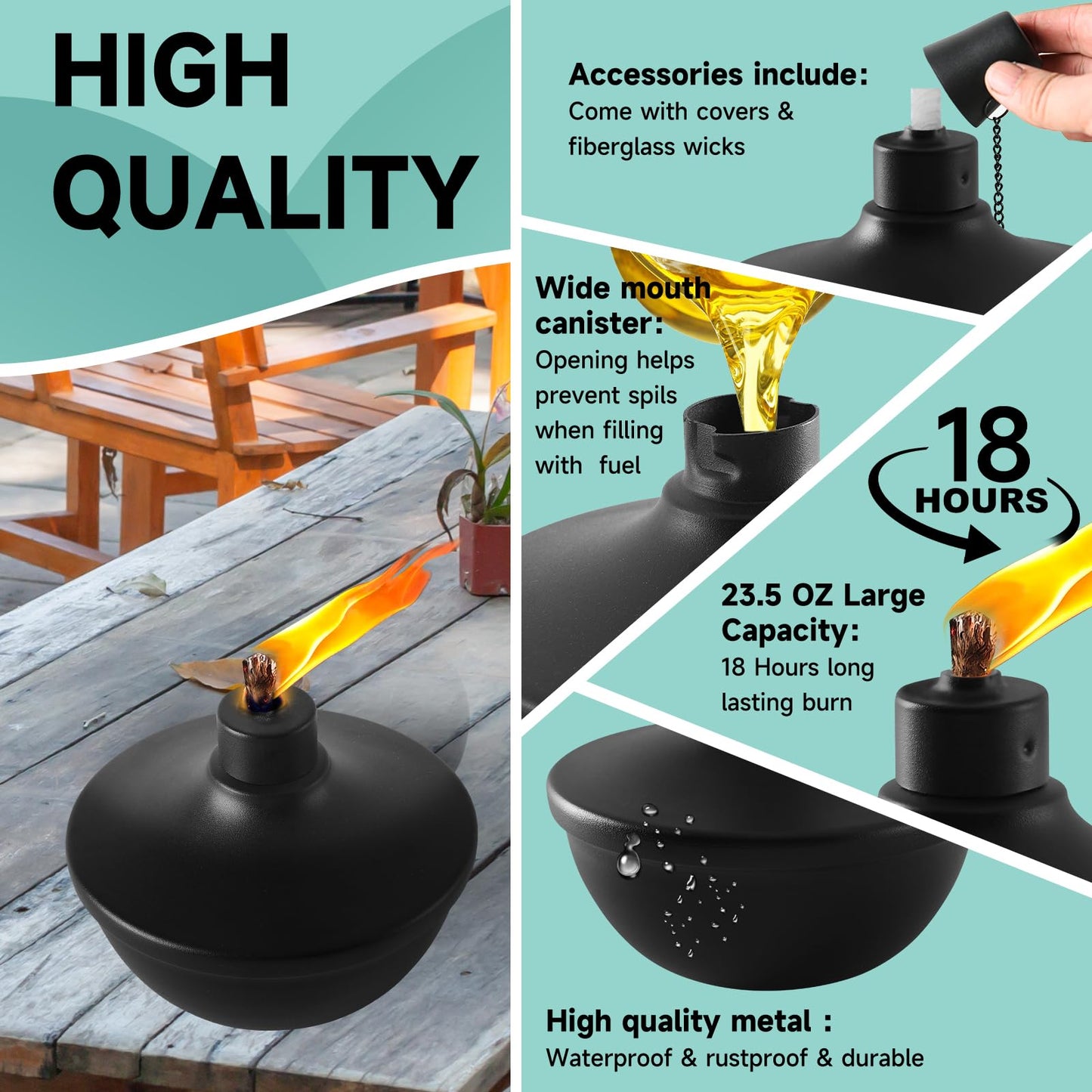ZSPENG Metal Table Top Torches, 23.5 oz, Refillable, 2 Pack, for Garden and Party Decor