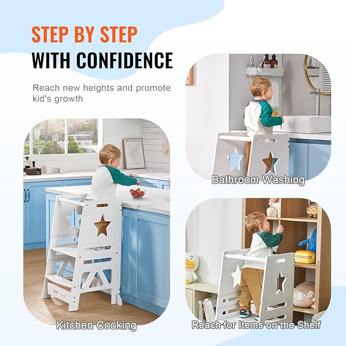 VEVOR Tower Step Stool, 3-Level Height Adjustable Toddler Step Stools for Kids, Bamboo Kitchen Stool, Standing Tower Learning Stool with Safety Rail for Kitchen Counter Bathroom, 350LBS, White