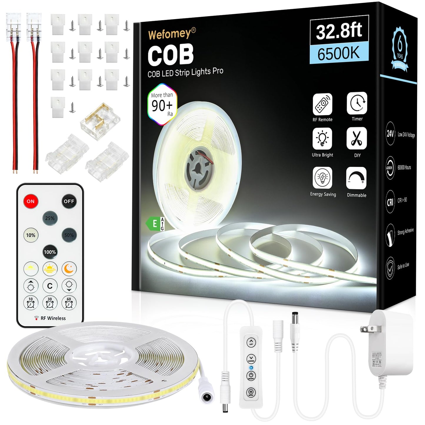 Wefomey Cob Led Strip Light  32.8Ft Dimmable 6500K Super Bright Daylight White 24V Flexible Led Tape Light With Remote  For Home  Kitchen  Diy Lighting