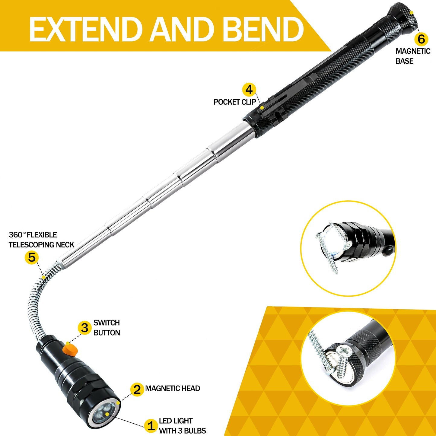 LOCONHA Magnetic Pickup Tool with LED Lights, Telescoping, Aluminum, 1 PACK, Black, Model CXD
