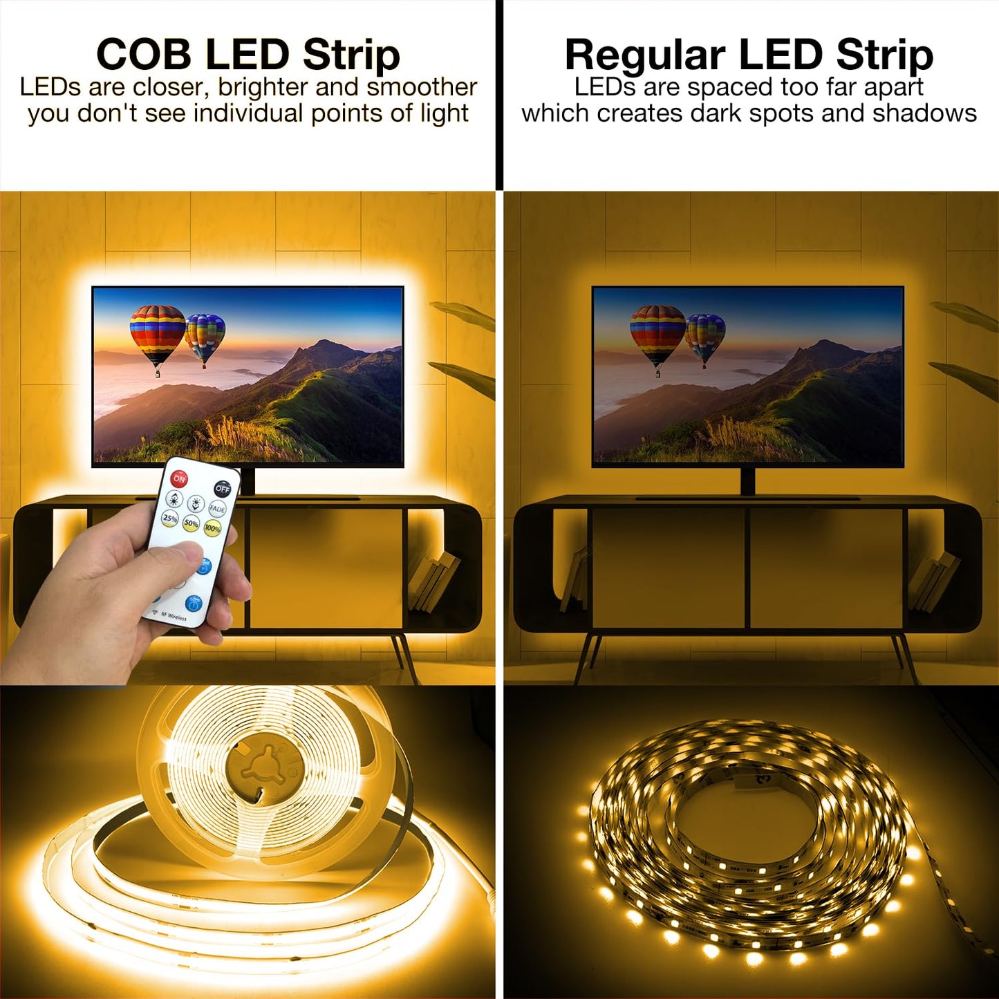 DAYBETTER COB LED Strip Lights, 32.8 ft/10 m 3200 LEDs Bright Warm White LED Light Strips with Remote and App, 3000K Dimmable LED Tape Light, Indoor COB LED Lights for Bedroom DIY Lighting