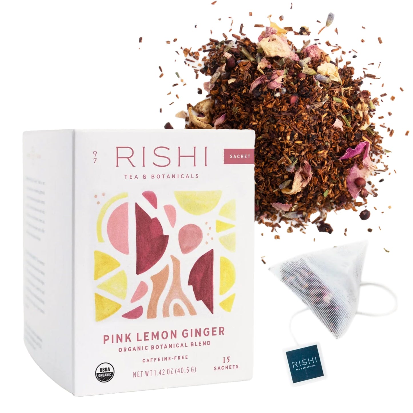 Rishi Tea Pink Lemon Ginger Herbal Tea - Organic  Caffeine Free Sachet Bags  Tangy & Naturally Sweet Botanical Blend  Enjoy Hot Or Iced - 15 Count (Pack Of 1)