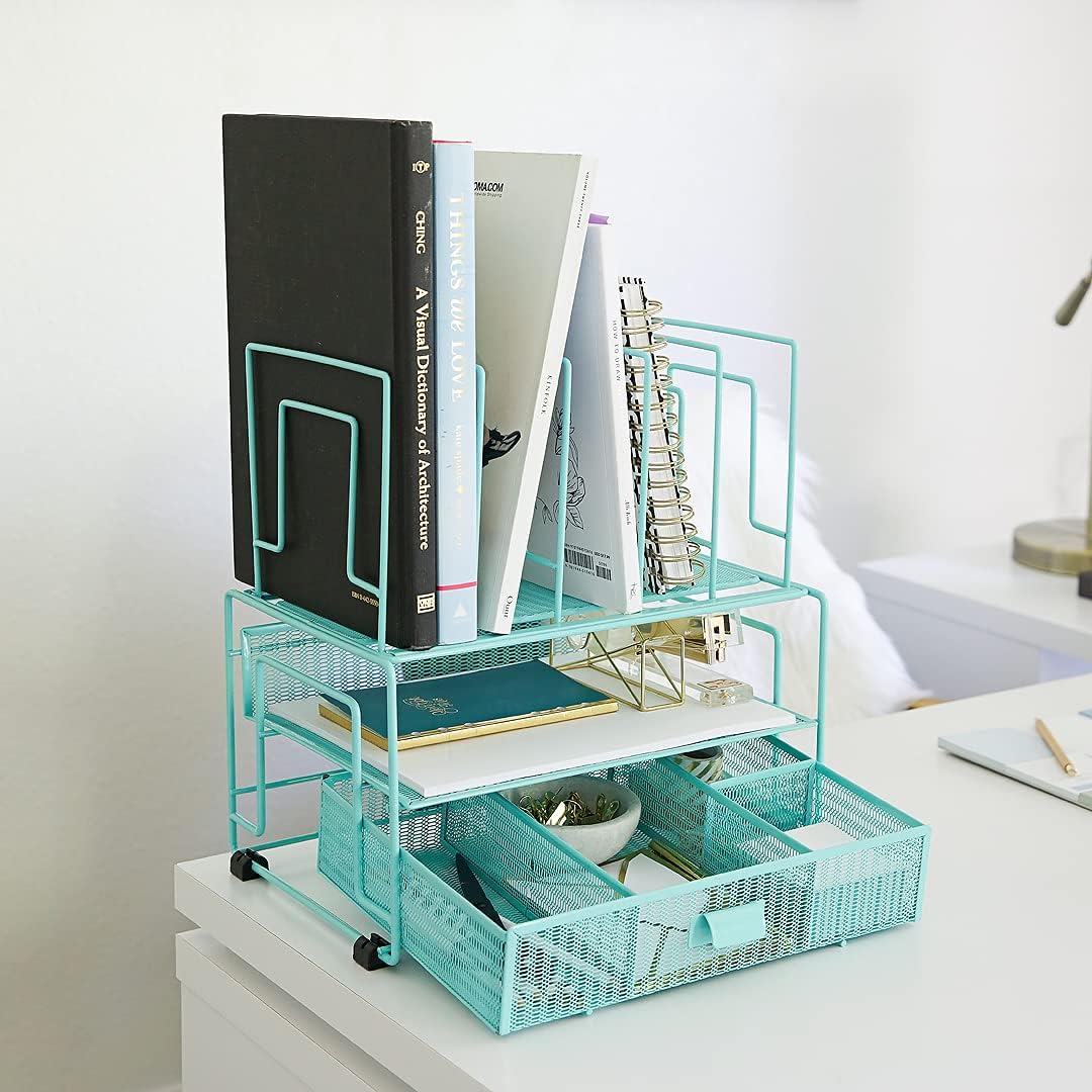 BLU MONACO Mint Green Desk Organizer with File Sorters & Drawer – Workspace Organizer for Office Supplies, Paper, Devices & Folders