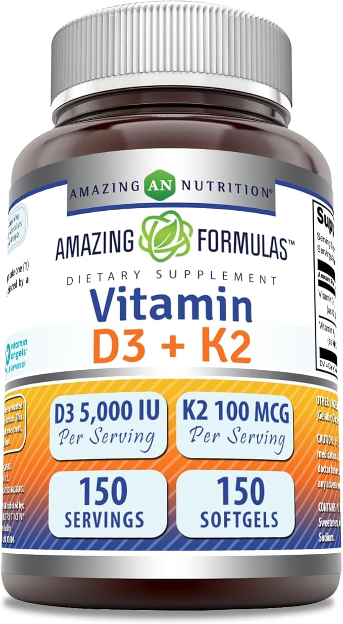 Amazing Formulas Vitamin D3 5000 IU with Vitamin K2 100 Mcg | D3 + K2 Complex Supplement | Softgels | Non-GMO | Gluten-Free | Made in USA (1 Pack, 150 Count)