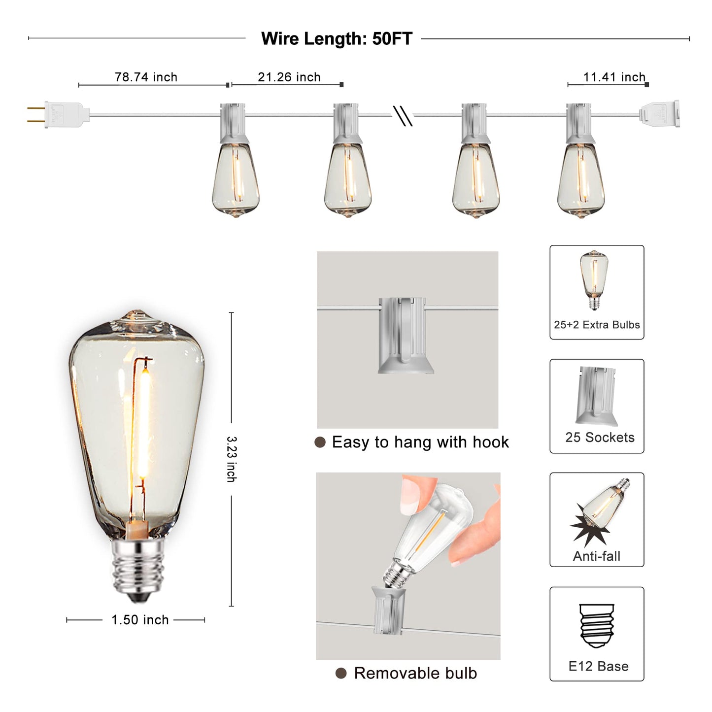 Damaing 50Ft Outdoor String Lights, Waterproof Led Patio Lights With 27 Shatterproof Vintage Bulbs, White Cable, Model Us050025