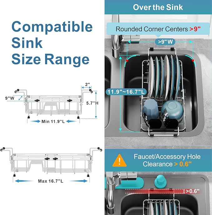 GSlife Small Sink Dish Drying Rack - Stainless Steel Capacity Extendable Narrow Dish Drainer for RV Sink Apartment Kitchen, 11.9"-16.7" L x 9" W x 5.7" H, Silver