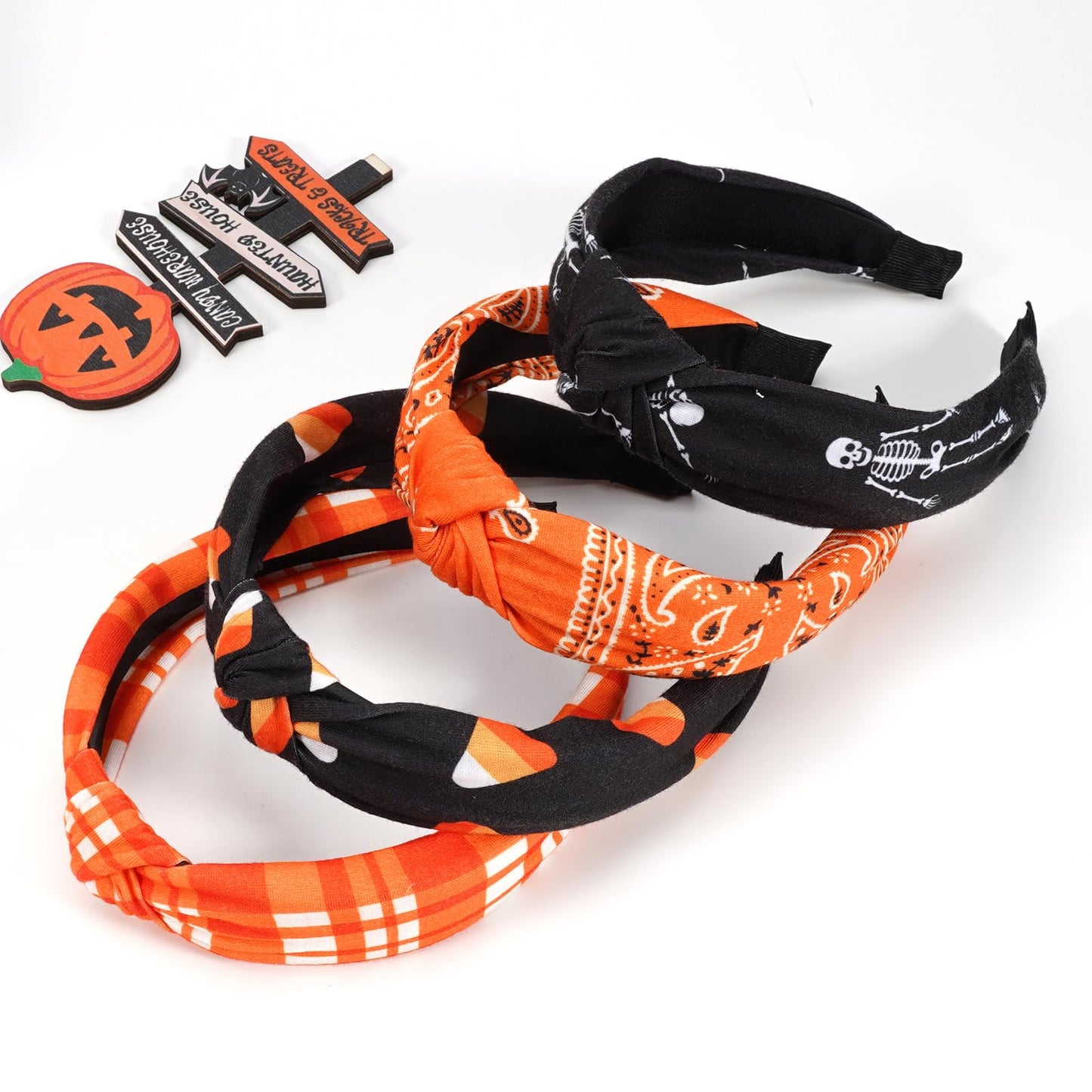Halloween Headbands for Women Girls Skeleton Skull Candy Wide Knot Heabdand Fall Orange Bandana Plaid Hairbands Hair Accessories