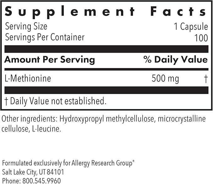 Allergy Research Group L-Methionine - Liver and Energy Support, Free Form Amino Acid, 500mg Supplement, Pure, Vegetarian Capsules - 100 Count
