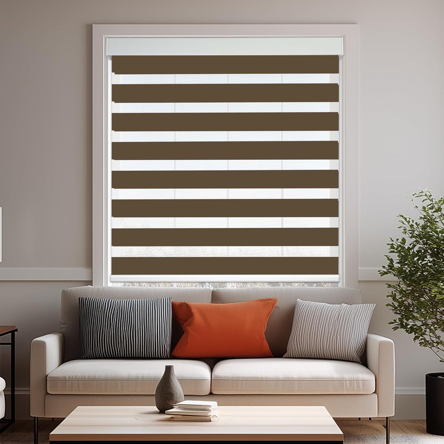 HESTIA Cordless Zebra Blinds Light Filtering Roller Shades UV Blocking Blackout Privacy Indoor Window Shades for Home Office Day and Night, Brown,40" W x 48" H