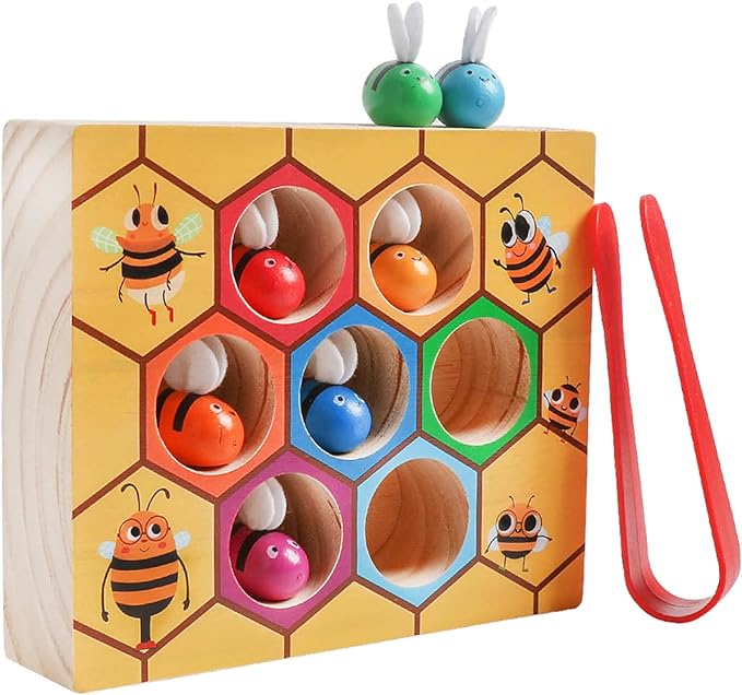 Toddler Fine Motor Skill Toy, Clamp Bee to Hive Matching Game, Montessori Wooden Bee Hive Toys, Wood Color Sorting Puzzle Early Learning Preschool Educational Gift for 3 4 5 Years Old Kids