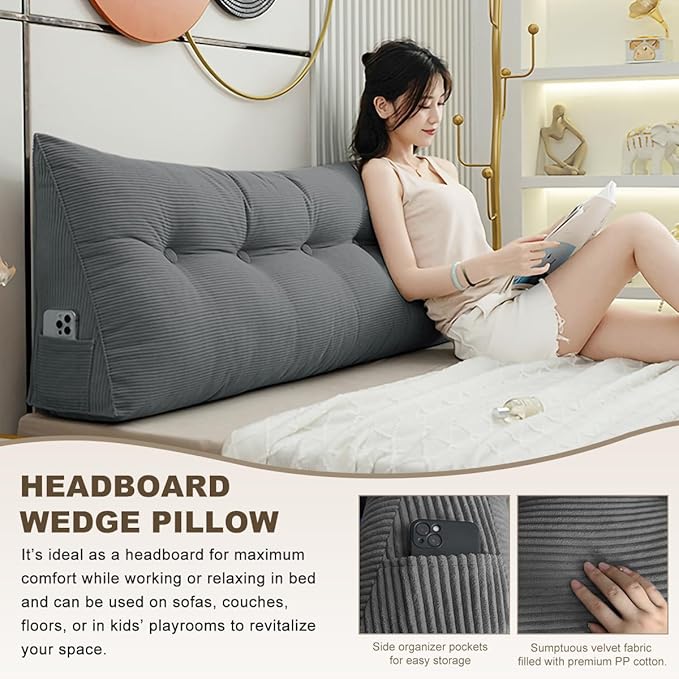 Headboard Pillow - Queen-Sized Headboard Wedge Pillow for Daybeds and Bunk Beds - Durable, Comfortable, with Removable Velvet Cover (Dark gray, 59x20x8Inches)