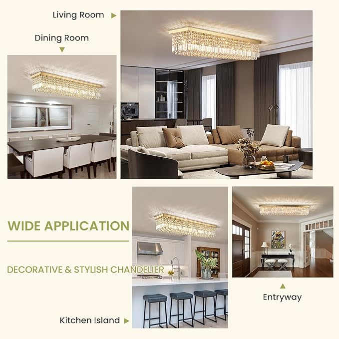 Siljoy Modern Crystal Ceiling Light Luxury Gold Rectangular Flush Mount Crystal Raindrop Chandelier 10 Lights Large Rectangle Pendant Light for Living Dining Room Kitchen Island L47'' x W10'' x H10''