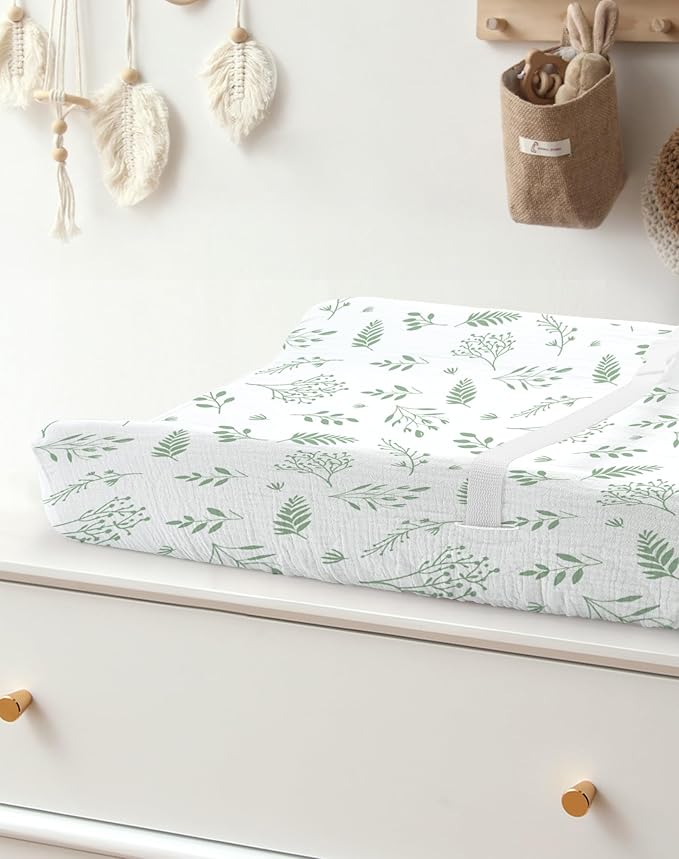 Changing Pad Cover for Baby Boy Girl 2 Pack, Muslin Changing Table Pad Covers with Boho Style, Neutral Nursery Bedding Essentials Soft and Breathable (Fern Leaf & Sage)