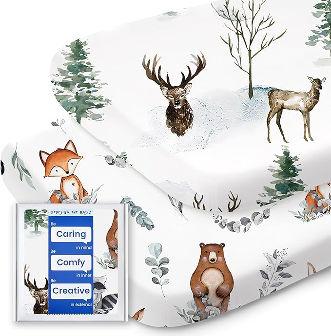 Bassinet Sheets for Baby Boy Girl, TotBasic Buttery Soft Universal Bassinet Fitted Sheet, Compatible with Halo, Mika Micky, Baby Delight, Dream On Me, Maxi COSI and More Bassinet Mattress(Bear&Deer)